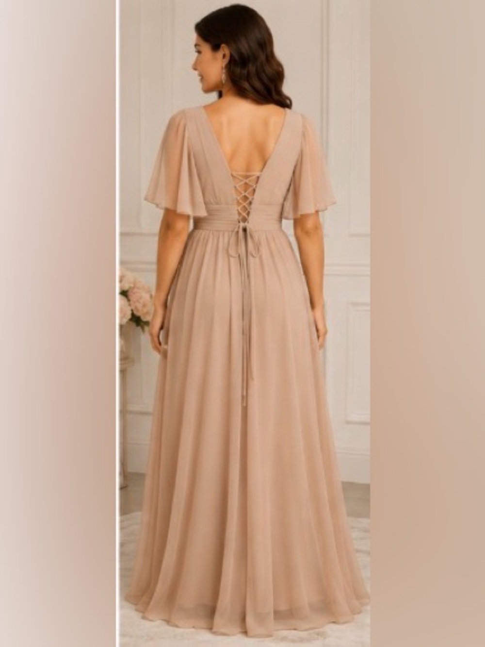Champagne Taupe Chiffon Formal Dress Lace Up Back Flutter Sleeve Maxi Size 14 - Picture 3 of 3